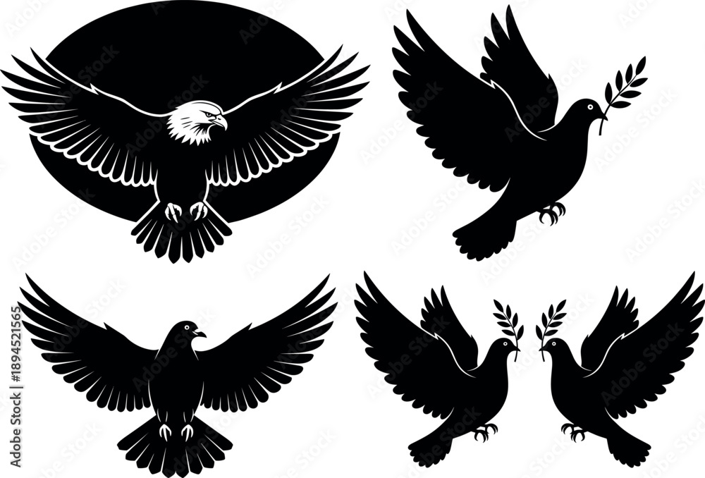 Fototapeta premium Bald Eagle and Peace Dove Silhouette Vector Set Featuring Flying Birds with Olive Branches Isolated on White Background for Graphic Design.