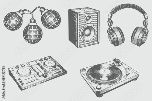 vintage halftone  DJ party element set vector illustration. Trendy retro element with a halftone effect for collage, poster, banner, cover design. Headphone, Mixer Controller, Turntable, Sound System