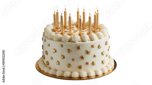 White birthday cake with gold stars and candles white cake isolated on a transparent background
