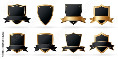 Set of black and gold shield badges with ribbons emblem