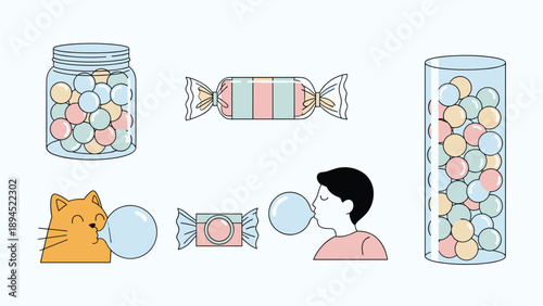 Colorful bubble gum collection featuring jars of gumballs, wrapped candies, and characters blowing large blue bubbles.