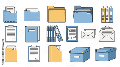 Comprehensive set of office stationary icons including folders, binders, clipboards, envelopes, and storage boxes.