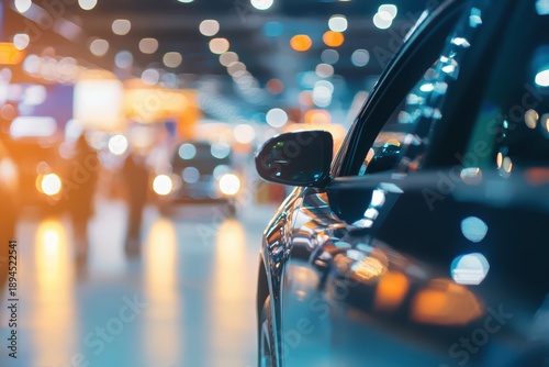 Close-up of a sleek black car in a modern showroom with blurred background and vibrant lights reflecting off its shiny surface at night