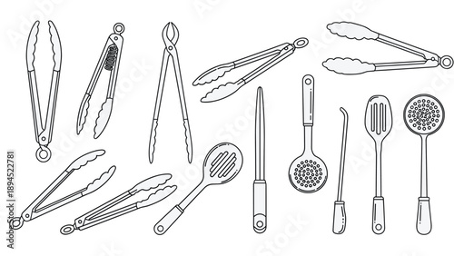 Assorted professional kitchen tools set featuring various styles of cooking tongs, spatulas, and perforated skimmer spoons.