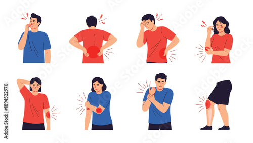 Medical illustrations showing people suffering from various body pains including headache, backache, knee pain, and toothache.