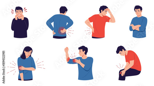 Infographic style illustrations of people experiencing physical discomfort and pain in different parts of their body.