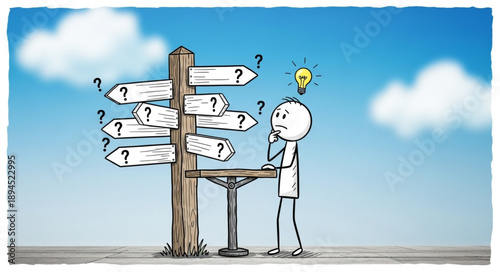 Confused stick figure stands at a crossroads signpost with many directions.