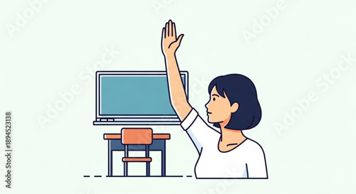Woman raising hand in classroom with computer and desk engaged in educational activity with eager expression