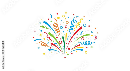 Colorful confetti and ribbons exploding in air celebration and party decorations festive background
