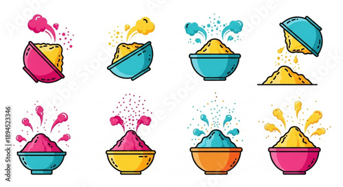 Vibrant holi color powders exploding from bowls in various styles and colors celebrating festival and fun