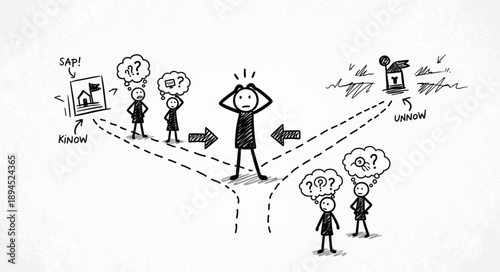 Confused person at a crossroads with multiple paths and options.