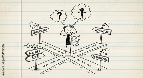 Confused person at a crossroads with multiple directional signs showing different life choices.