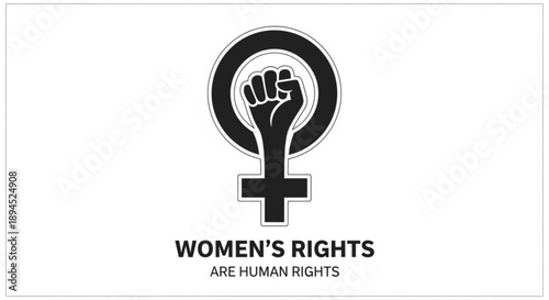 Feminist symbol with raised fist and text 'women's rights are human rights' on white background