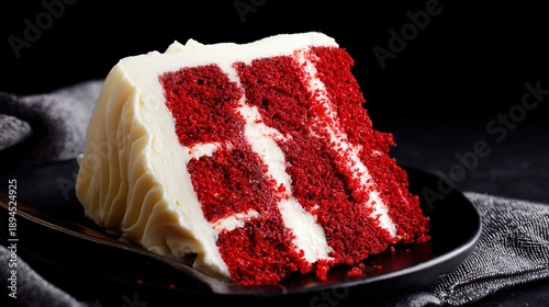 decadence. A luxurious red velvet cake with cream cheese frosting, showcasing rich tones against a dark minimalist backdrop. symbolizing life milestones and joyful moments.