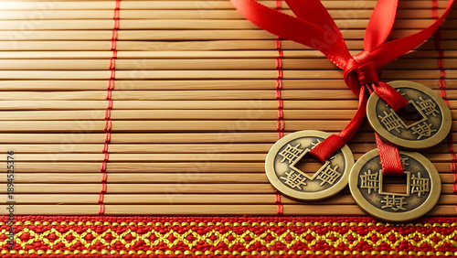 Three Chinese coins with red ribbon on bamboo mat background