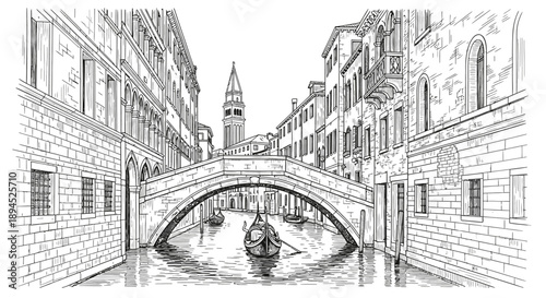 A beautiful hand-drawn illustration captures the timeless charm of Venice, featuring its iconic canals, historic architecture, and a classic gondola passing by.