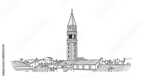 An intricate hand-drawn sketch of a charming European town, highlighting a majestic bell tower soaring above quaint rooftops, capturing timeless architectural beauty.
