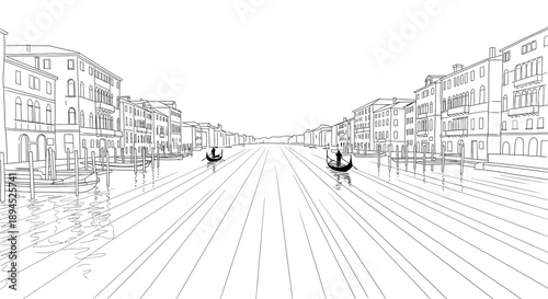 This captivating monochrome line art illustration beautifully renders the famous Grand Canal in Venice, highlighting its historic architecture and classic gondolas.