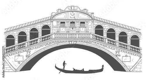 A detailed black and white illustration of Venice's iconic Rialto Bridge, with a gondola, captures Italian travel and architectural charm.