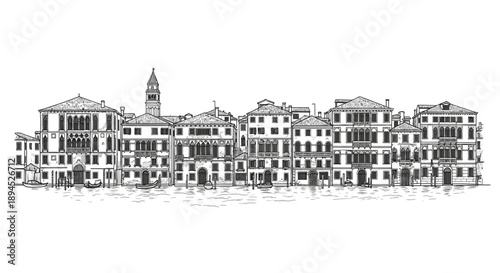 This elegant hand-drawn illustration beautifully depicts a classic European townscape, featuring historic buildings and a prominent bell tower against a clean background.