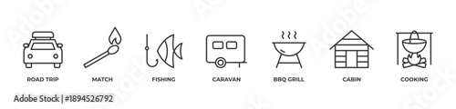 Ultimate Road Trip Icons set vector illustration outline  with Road trip, Match, Fishing, Caravan,Bbq grill, Cabin, Cooking