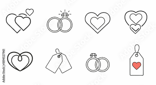 Collection of heart and wedding ring illustrations in a minimalist line art style