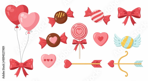 Assorted red hearts and sweets with balloons and bows, a festive collection of Valentine's Day treats and decorations