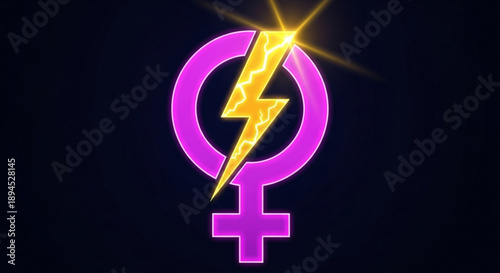 Female symbol with lightning bolt purple and yellow neon glow dark background empowerment and feminism concept strong woman icon vector illustration