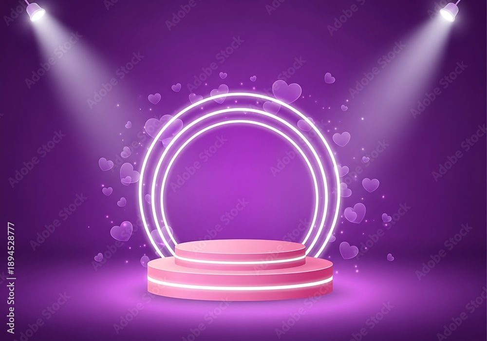 Obraz premium Neon-lit circular stage with glowing hearts and spotlights on purple background from va concept