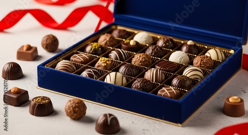 Blue box of assorted chocolates with red ribbon on white surface  sweet treats  dessert  candy