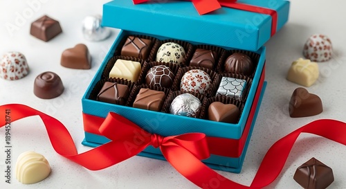 Chocolate sweets in a blue gift box with red ribbon on white surface