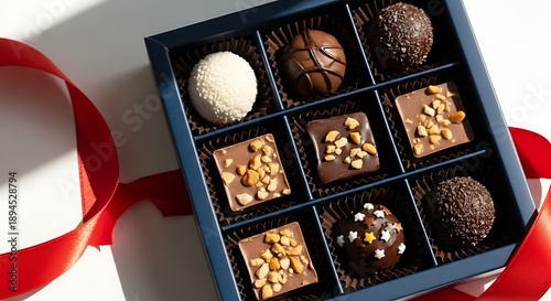 Assorted chocolates in a box with red ribbon on white background  chocolate gift box