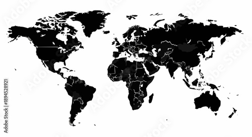 Black and white world map showing continents and countries.