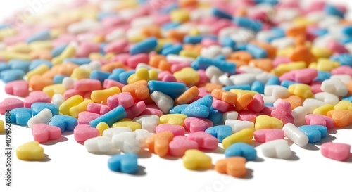Colorful sugar sprinkles scattered on white surface for baking and decorating cakes and cookies