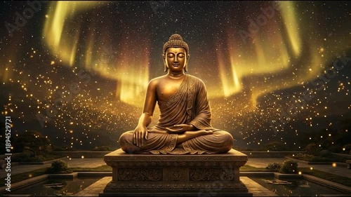 A majestic golden mahavira statue sits in meditation under dramatic celestial light, commemorating mahavir jayant janma kalyanak.