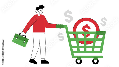 A man pushing a shopping cart with a large coin inside representing retail business and purchasing power