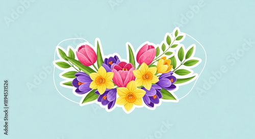 Vibrant spring bouquet with pink tulips yellow daffodils and purple flowers on light blue background