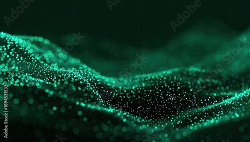 Emerald-green particles flow and undulate across a dark background, creating a digital wave pattern