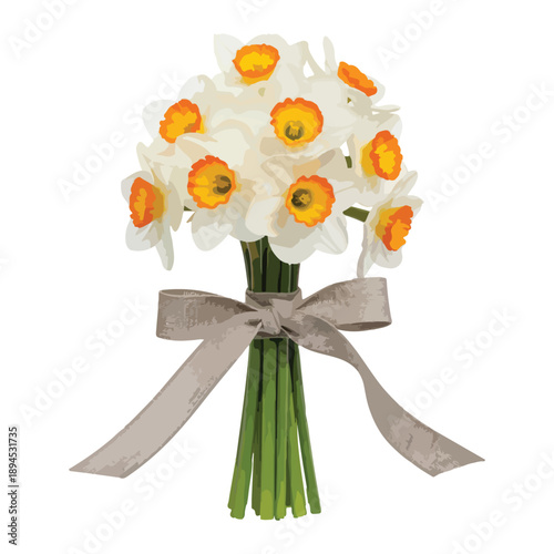 Beautiful bouquet of white and orange daffodils tied with a grey ribbon isolated on white background