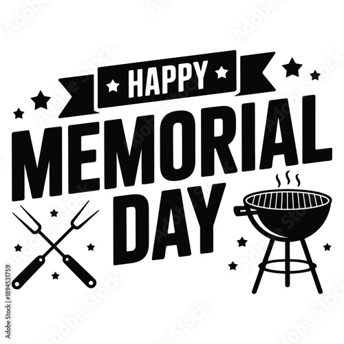 Happy Memorial Day text with grill and forks barbecue