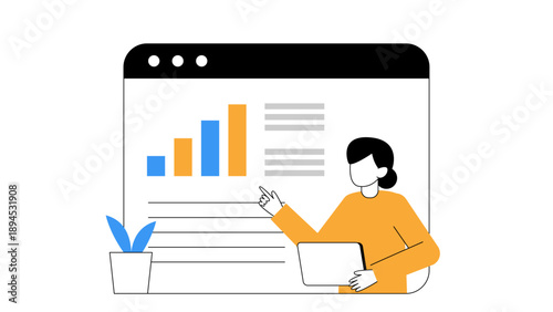 Professional woman presenting a business pitch using data visualizations and bar graphs on a screen