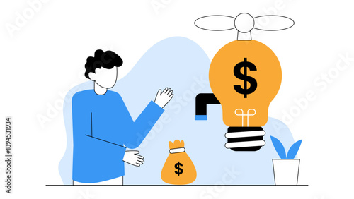 A man standing next to a light bulb faucet that is pouring money into a bag