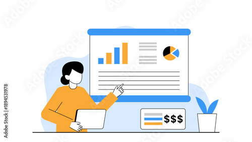 Woman presenting a detailed business report with financial charts and dollar symbols