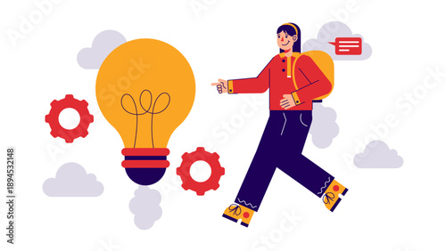 A woman entrepreneur walking towards a giant glowing light bulb idea representing innovation and startup launch