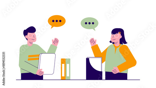 Two business professionals engaged in a formal conversation with speech bubbles in an office setting