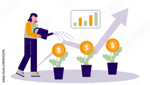 Businesswoman watering money plants with a rising growth arrow