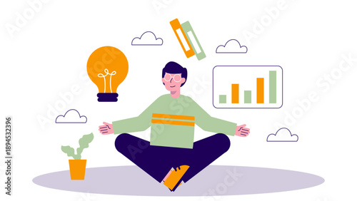 Businessman meditating in lotus pose surrounded by work symbols