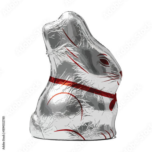 Chocolate Easter bunny wrapped in shiny silver foil with a red ribbon on white background