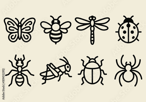 Outline Collection of Butterfly, Bee, Dragonfly, and Ladybug Icons