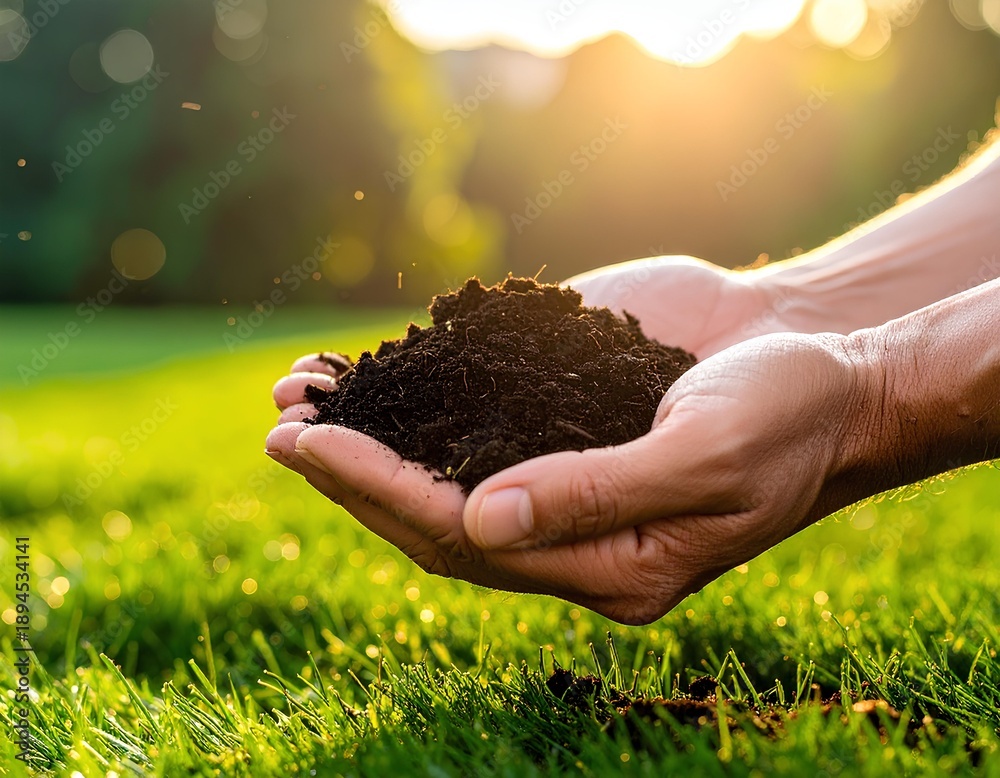 Fototapeta premium hands holding soil with lush green nature background